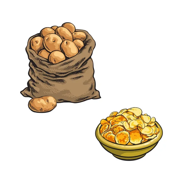 Vector bosquejo bolsa de patatas, patatas fritas en la placa — Vector de stock
