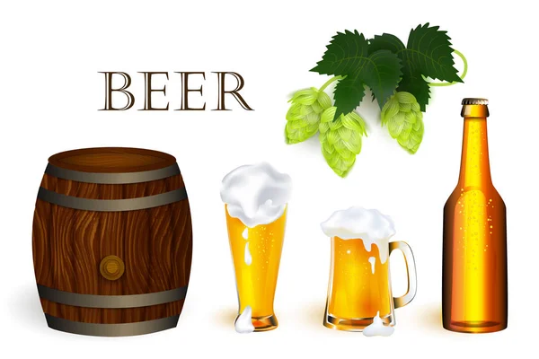 Vetor realista cerveja símbolos objetos conjunto —  Vetores de Stock