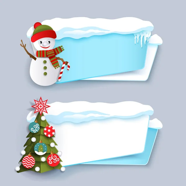 Dois banner de inverno com árvore de Natal, boneco de neve — Vetor de Stock