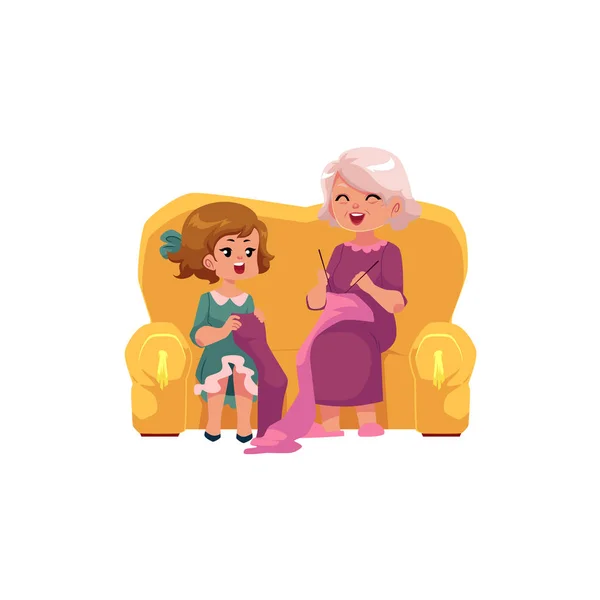 Бабушка учит внучку вязать. — стоковый вектор