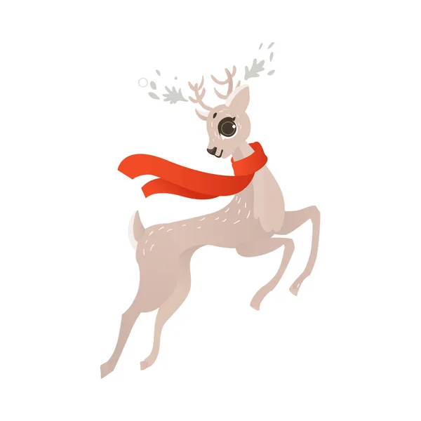Vector flat christmas reindeer in red scarf — Stock Vector