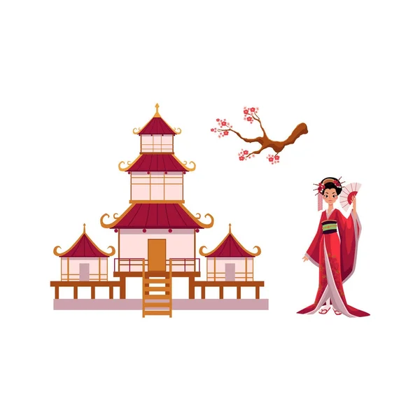 Geisha con ventilador, rama de sakura, conjunto de vectores de pagoda — Vector de stock