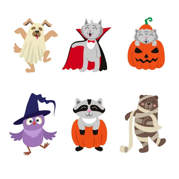 Plat dierlijke karakters in Halloween-kostuums — Stockvector