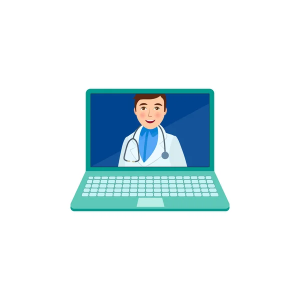 Vettore piatta adulto maschio medico in laptop — Vettoriale Stock
