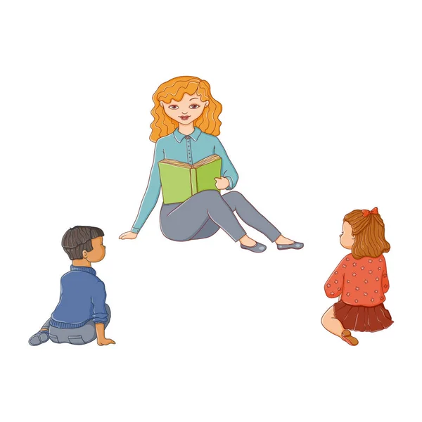 Vetor plana desenhos animados crianças sentado ao redor mulher —  Vetores de Stock