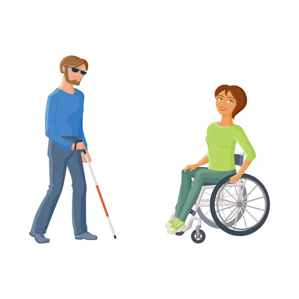 Pessoas com deficiência - mulher em cadeira de rodas, homem cego —  Vetores de Stock