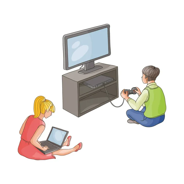 Vetor menino jogar jogo de vídeo, menina usando laptop —  Vetores de Stock