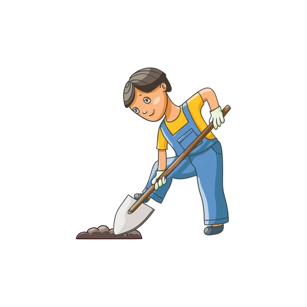 男孩在用铲子挖地的园艺手套 — 图库矢量图片