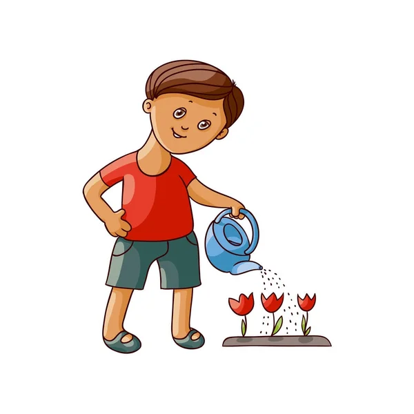 Vektör düz çocuk izole Lale çiçek sulama — Stok Vektör