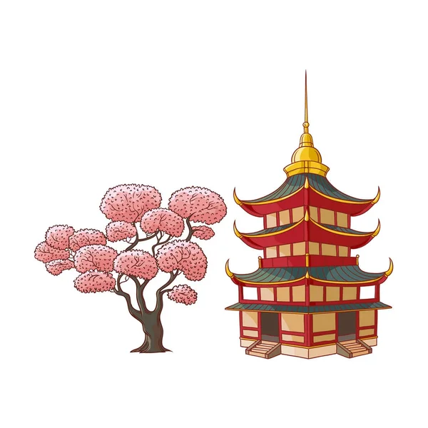 Rama de sakura floreciente, conjunto de vectores de pagoda — Vector de stock