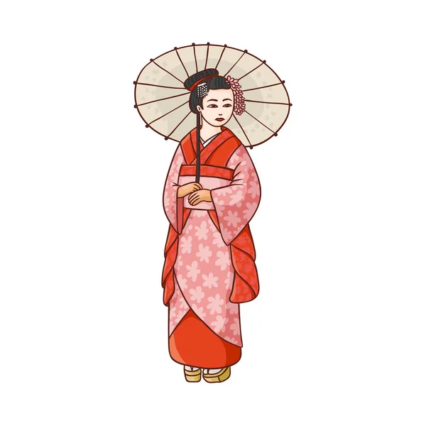 Gueixa bonita em quimono japonês com guarda-chuva — Vetor de Stock
