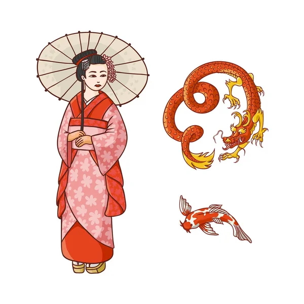 Geisha met paraplu, dragon, koi karper vector set — Stockvector