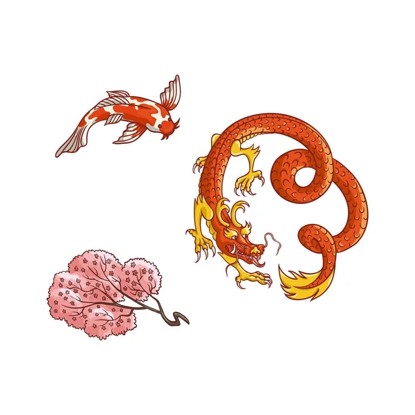 Sakura branche floraison, dragon carpe koï vecteur ensemble — Image vectorielle