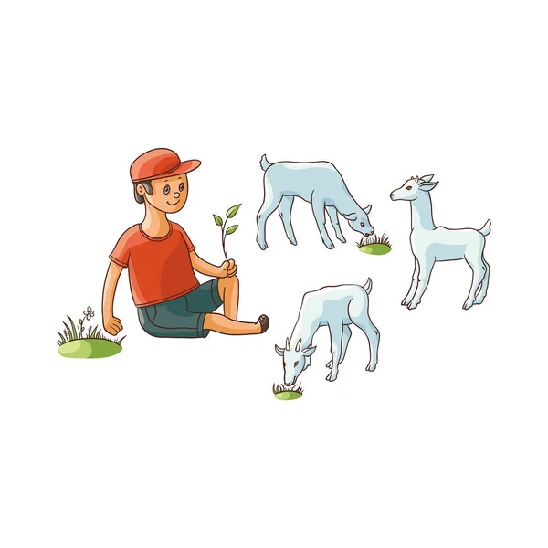 Vector plana chico sentado en pastos pastoreo cabras — Vector de stock