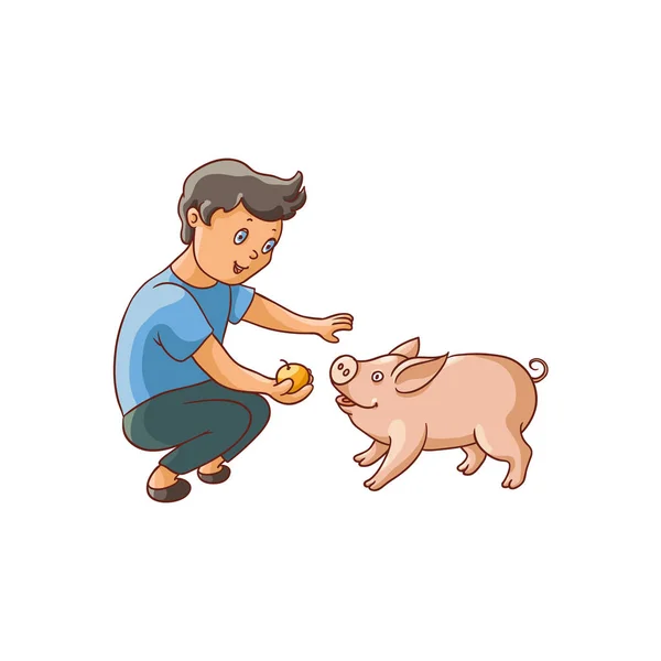 Vetor plana adolescente menino alimentando pequeno porco — Vetor de Stock