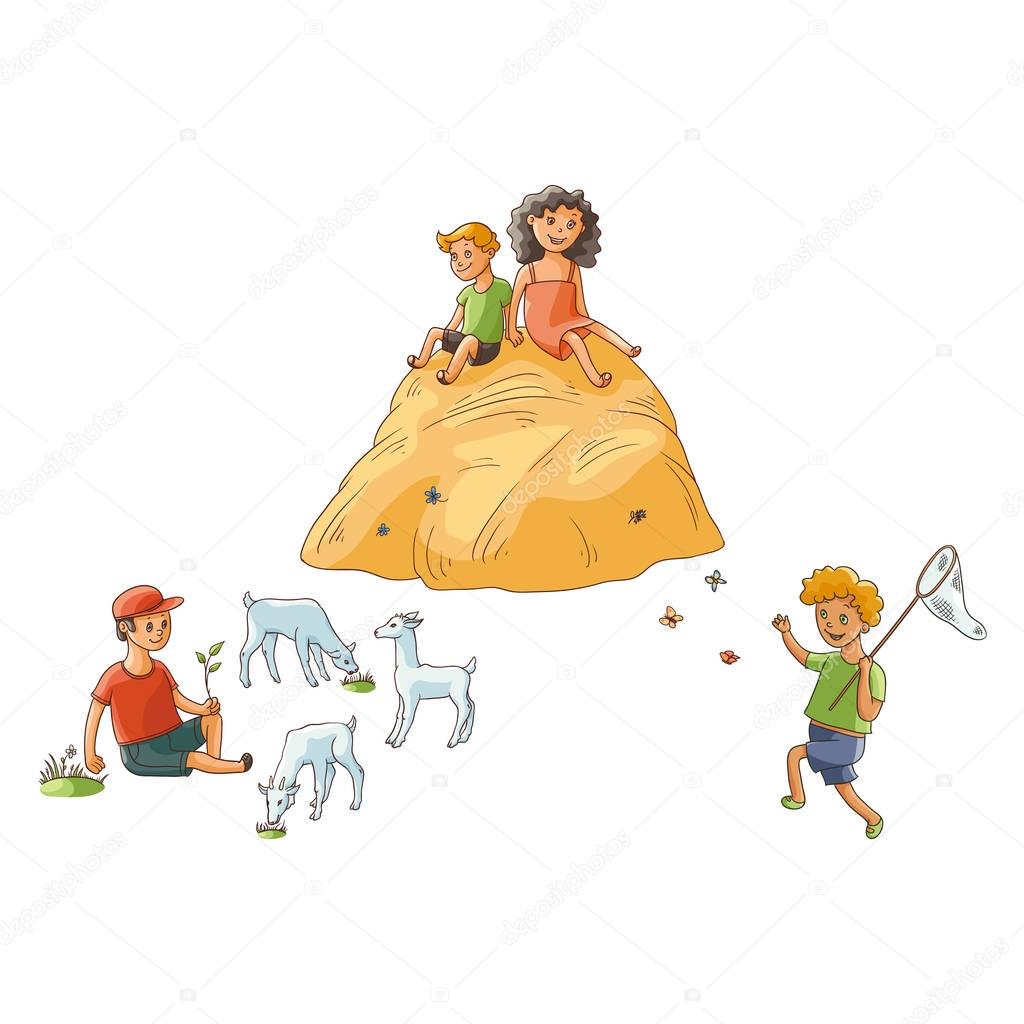 vector flat children at countryside scenes set