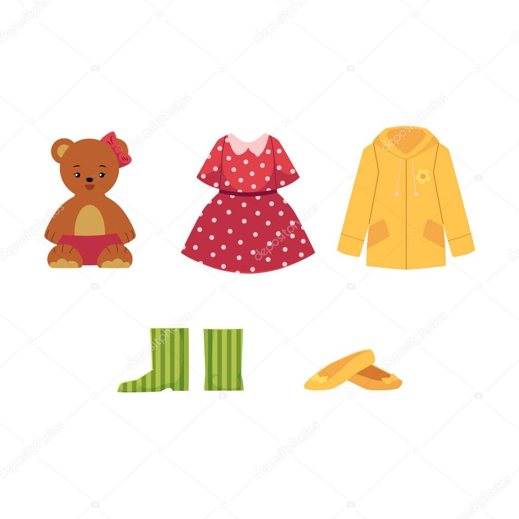 Dress, shoes, coat, teddy bear, shoes and boots