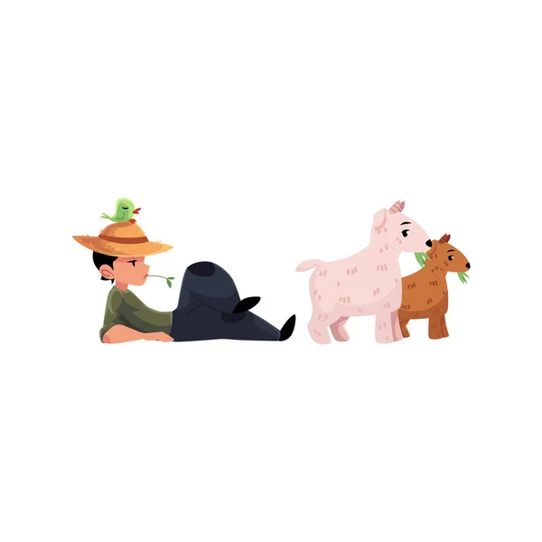 Vettore piatta ragazzo seduto al pascolo pascolo capre — Vettoriale Stock