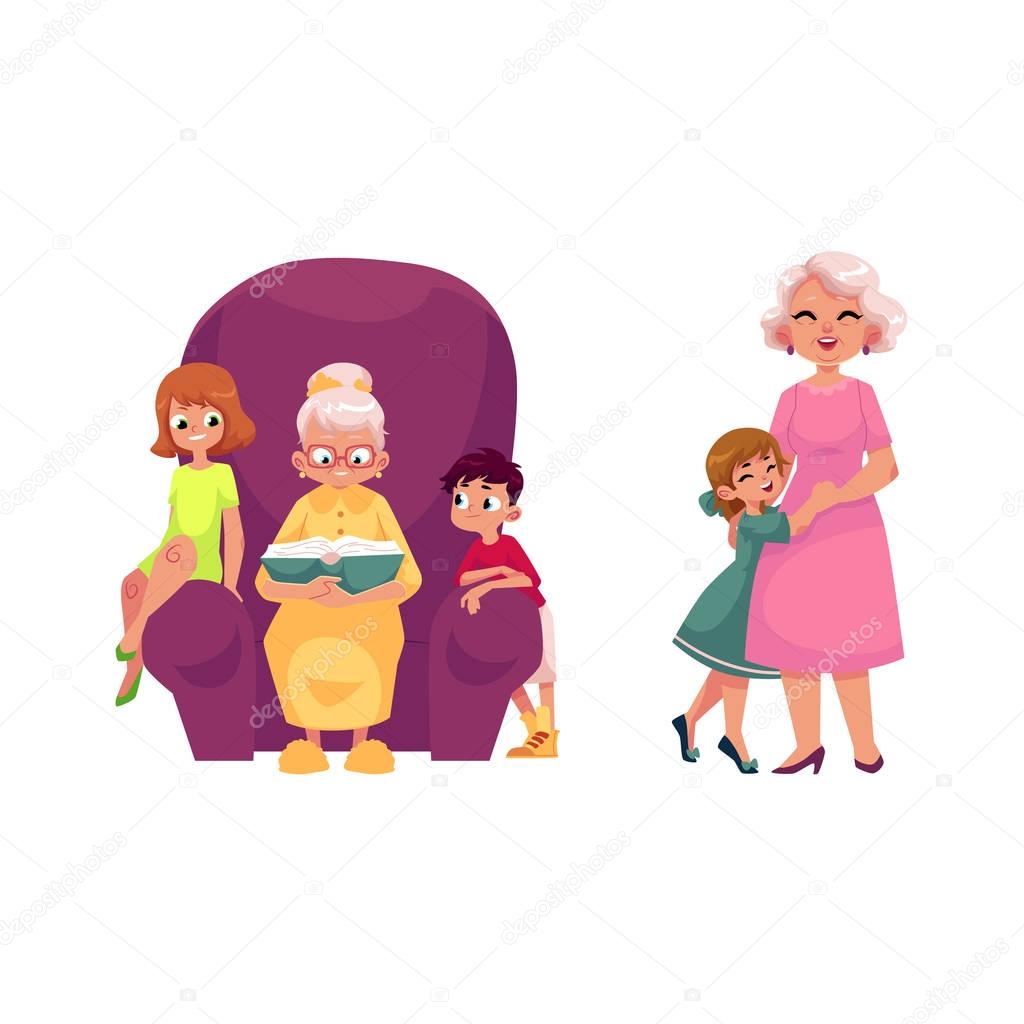 vector flat grandparents and children set