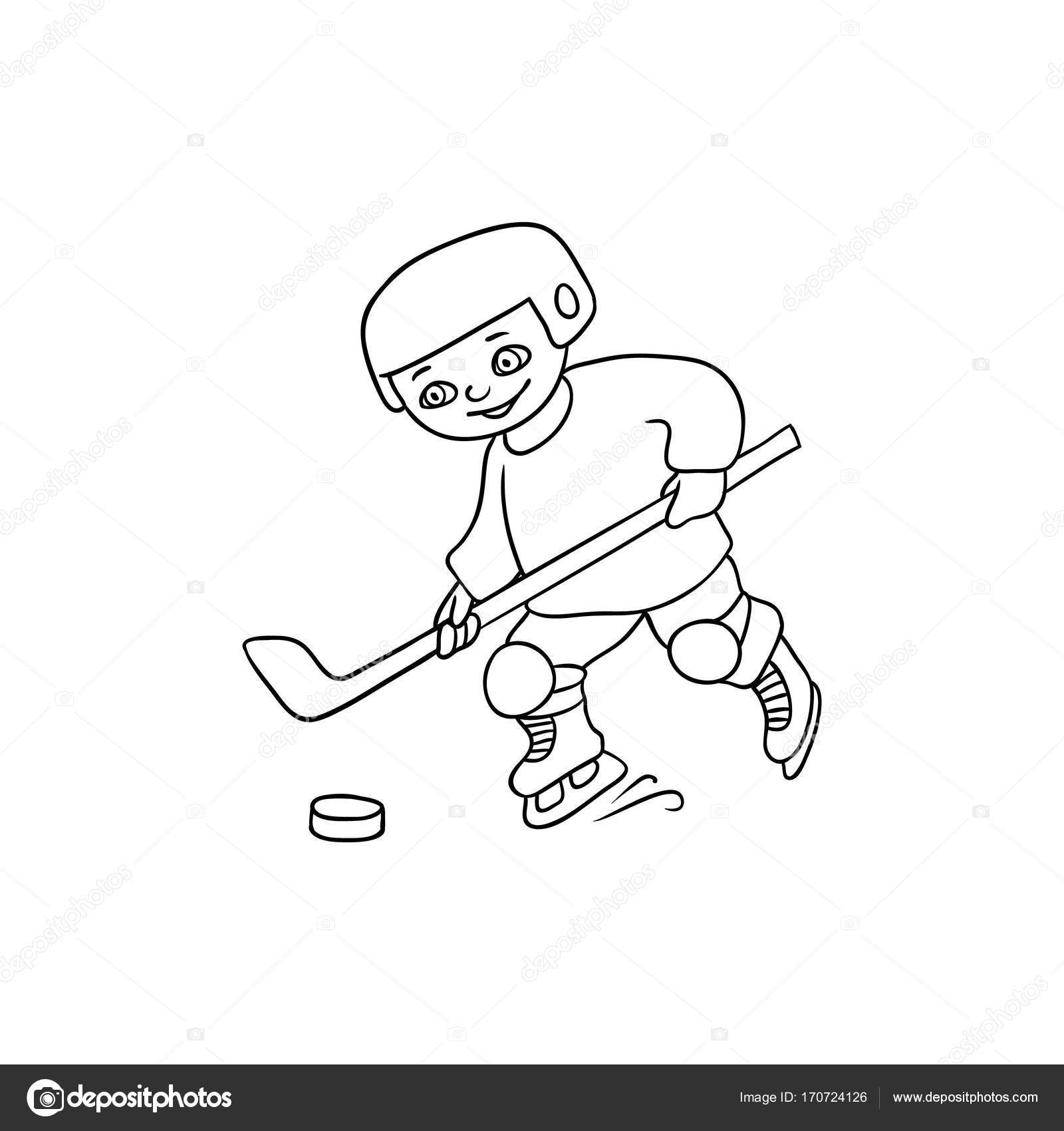 isolato su priorit  bassa bianca Cartone animato piccolo ragazzo che gioca hockey profilare quadro per libro da colorare — Vettoriali di Sabelskaya