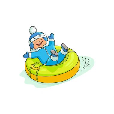 vector flat boy kid in inflatable tube sled clipart