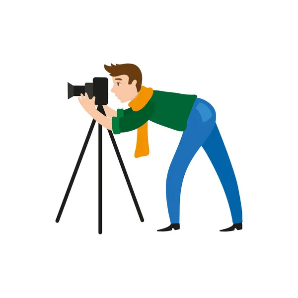 Διάνυσμα επίπεδη άνθρωπος με φωτογραφική μηχανή φωτογραφιών σε τρίποδο — Διανυσματικό Αρχείο
