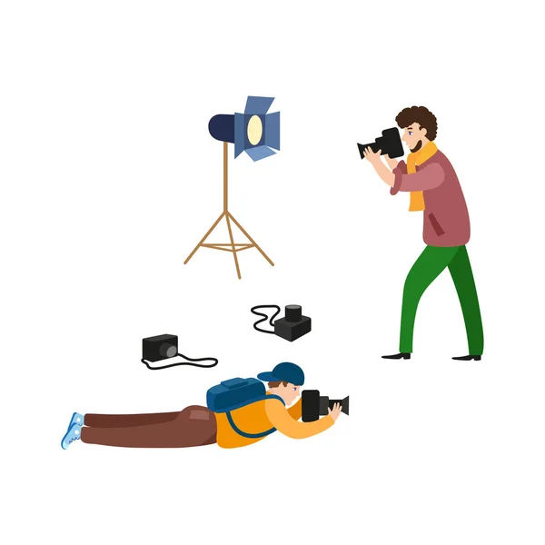 Vector flat photographers and equipment set — Stock Vector