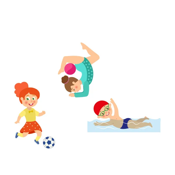 Vector plana niños haciendo deportes conjunto — Vector de stock