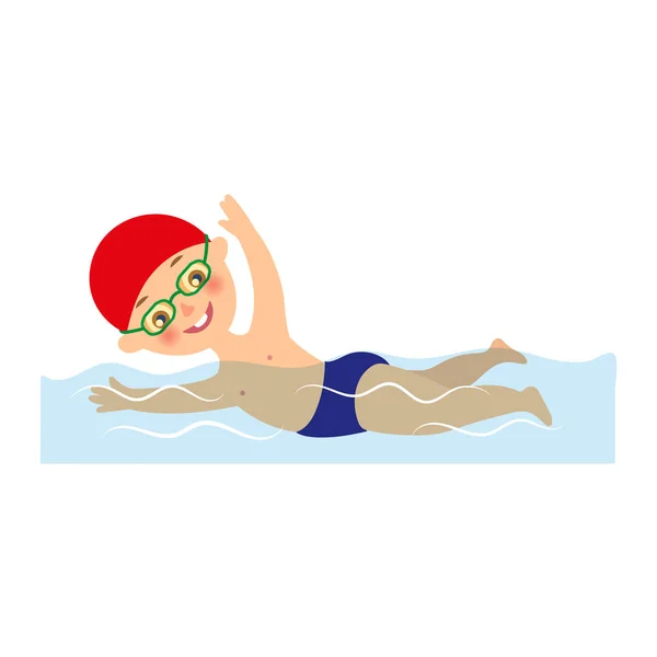 小男孩在帽和护目镜在游泳池里游泳 — 图库矢量图片