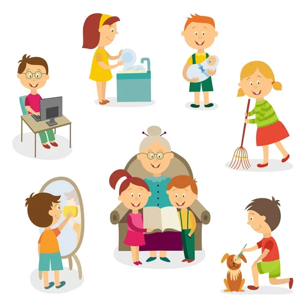 Kids, children doing home activities, chores — Stock Vector