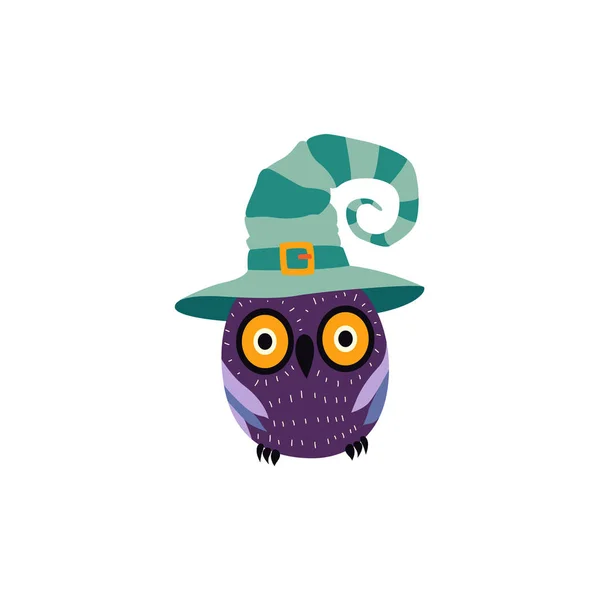 Chouette d'Halloween plate vectorielle en chapeau de sorcière — Image vectorielle