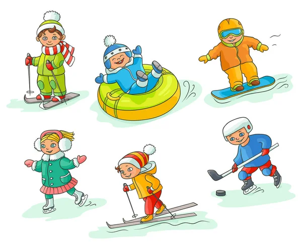 Crianças desenhadas à mão crianças fazendo atividades de inverno — Vetor de Stock