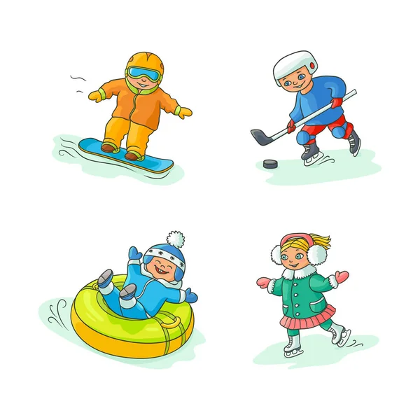 矢量平面孩子做冬季户外运动设置 — 图库矢量图片