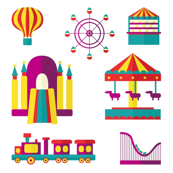 Conjunto de parque de atracciones, ilustración de vectores de estilo plano — Archivo Imágenes Vectoriales