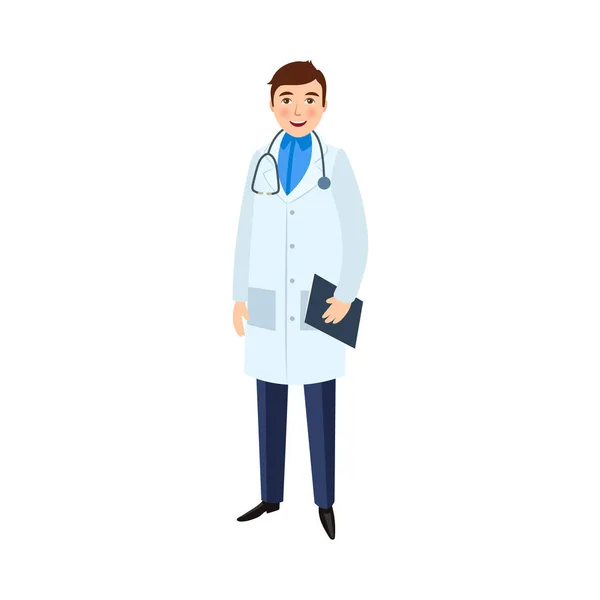 Vector flat young male doctor with clipboard — Stock Vector