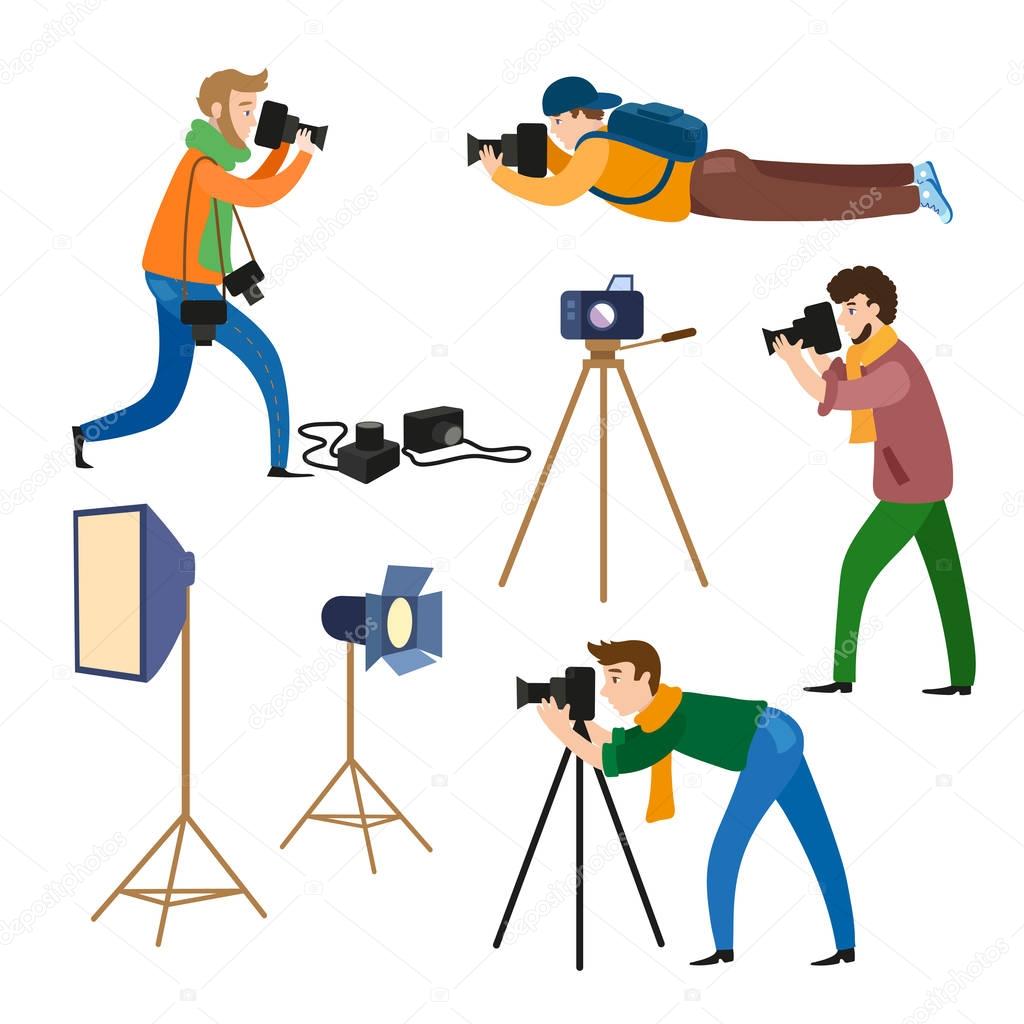 Photographers at work and professional equipment
