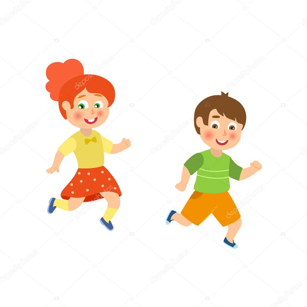 Kids, children, boy and girl playing tag, running