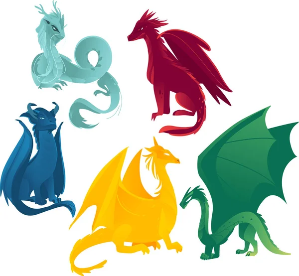 Vector de dragones de color plano conjunto — Vector de stock