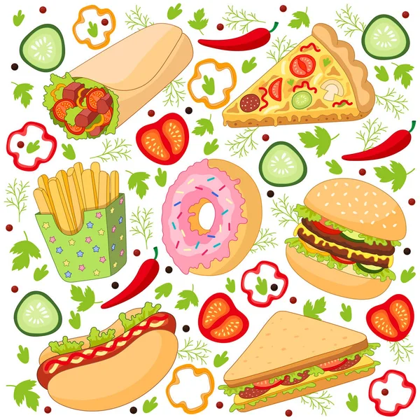 Conjunto de fast food plano de desenho animado vetorial isolado — Vetor de Stock