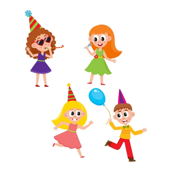 Vetor plana desenhos animados crianças no conjunto de festa — Vetor de Stock