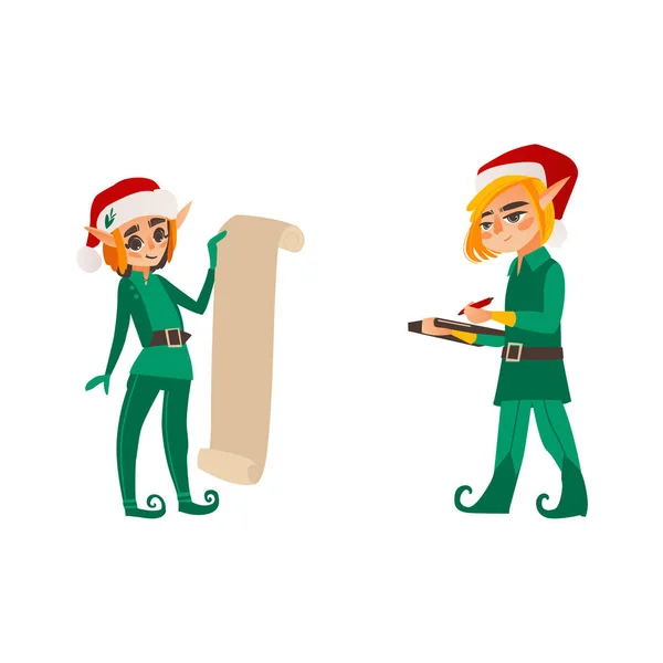 İki Christmas Elfler, mevcut liste, belge klasörü — Stok Vektör