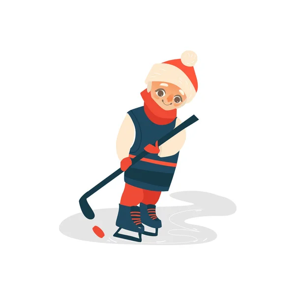 Vettore cartone animato giovanissima ragazzo giocare ghiaccio hockey — Vettoriale Stock