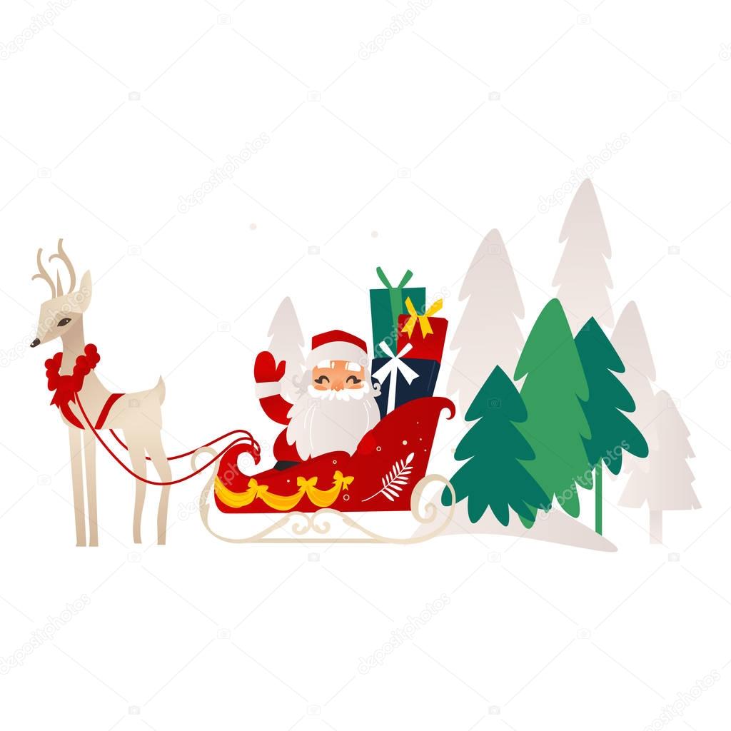 vector flat santa claus with reindeer sleigh