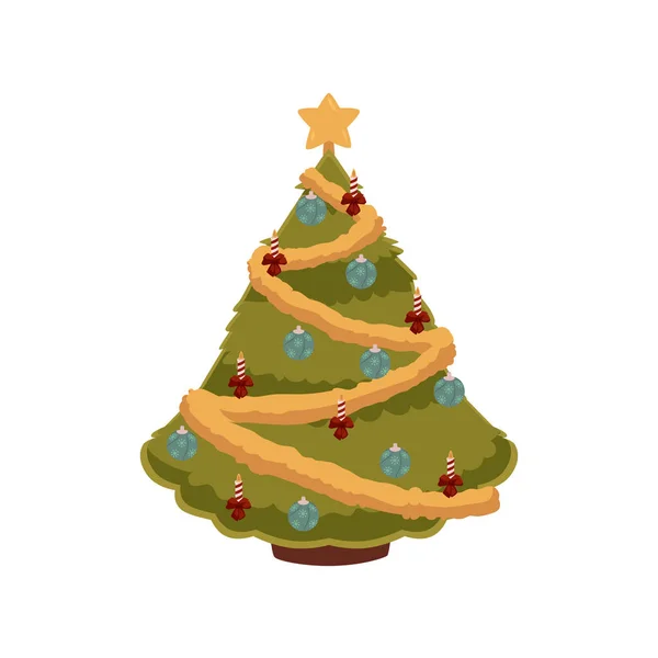 Árvore de Natal com velas, bolas e guirlandas — Vetor de Stock