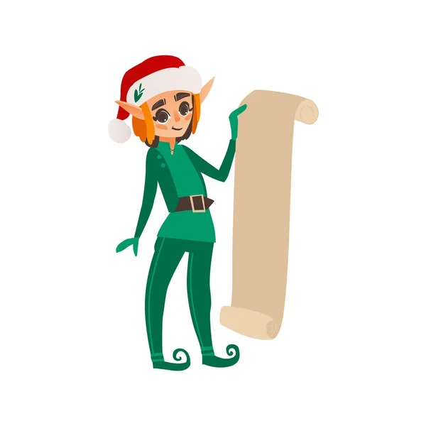 Noel elf uzun mevcut liste kaydırma holding — Stok Vektör