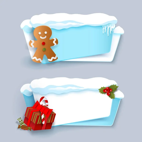 Banner de Natal com gingerman, caixa de presente e neve — Vetor de Stock