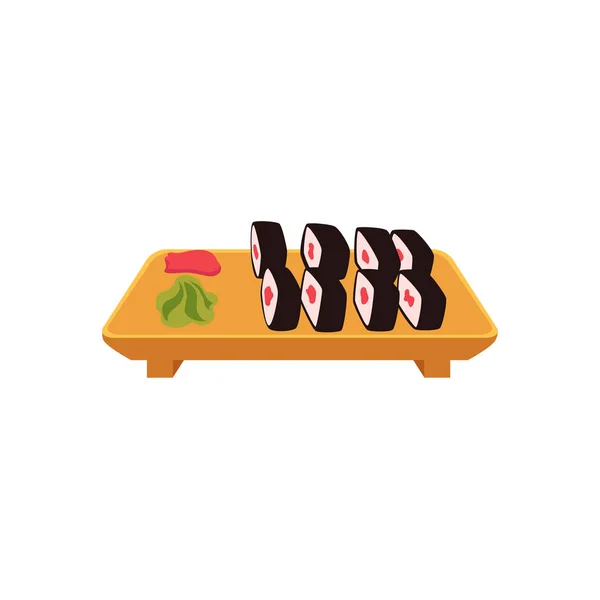 Placa de sushi, rollos de maki con jengibre y wasabi — Vector de stock