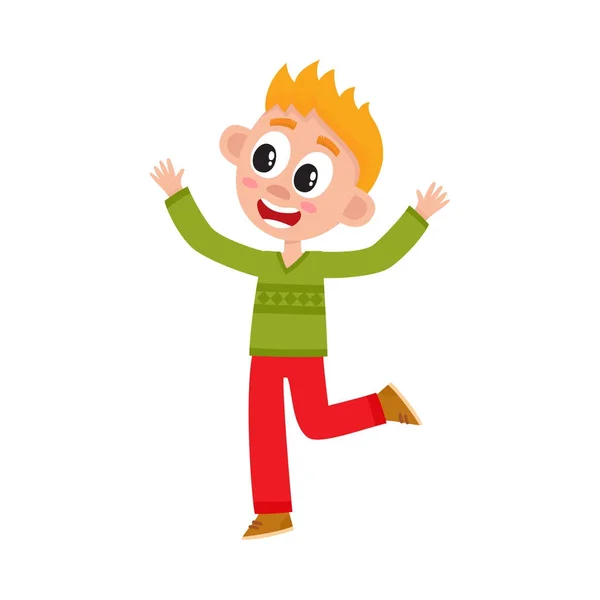 Cute happy teenage boy raising hands up in joy — Stock Vector