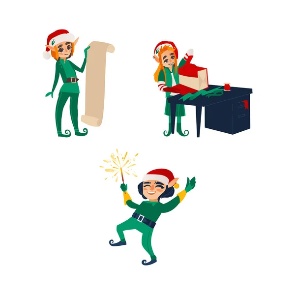 Üç Christmas Elfler, Santa küçük yardımcıları — Stok Vektör