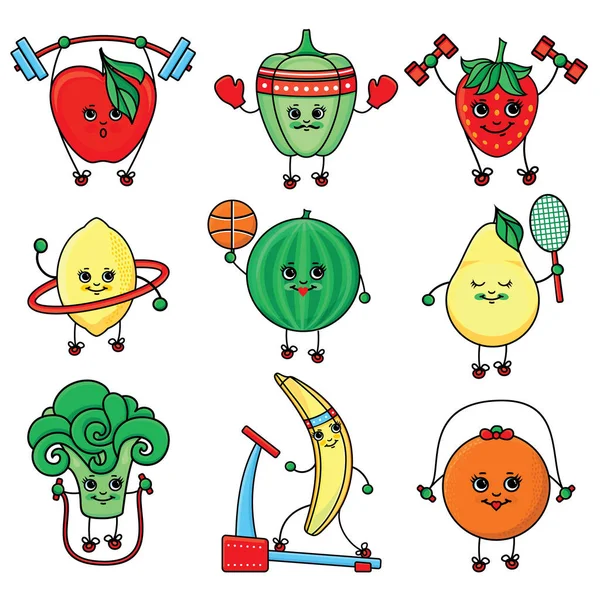 Вектор плоский ескіз фрукти, овочі займаються спортом — стоковий вектор